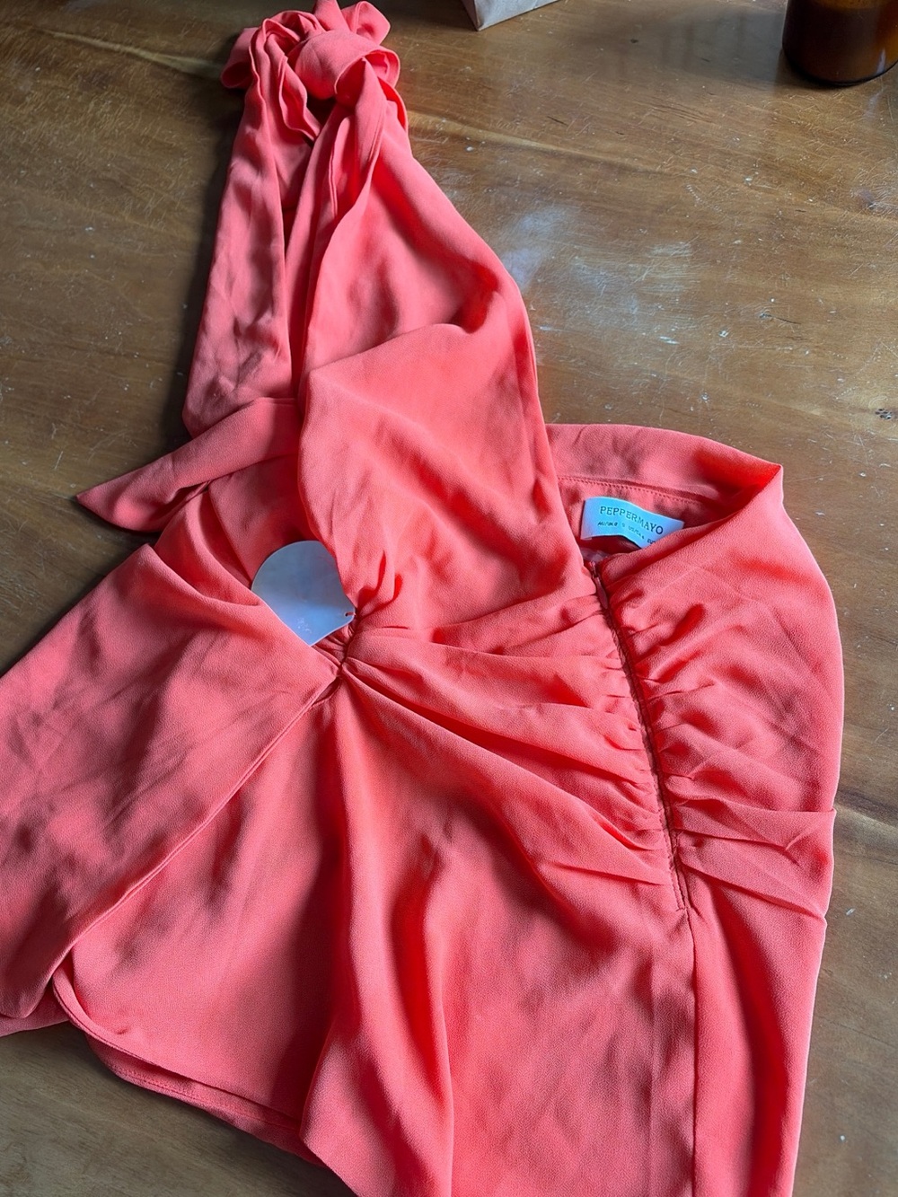 Peppermayo "Solace Soul Twist Shoulder Top" in Orange (or Coral/Tangerine)
